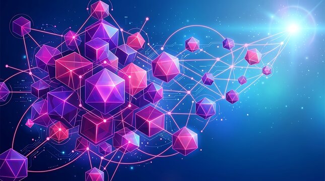 Glowing geometric shapes connected by lines on a blue background abstract network
