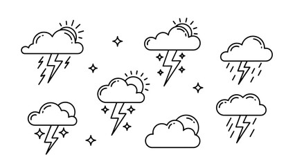 Fototapeta premium A collection of stylized, minimalist line art icons depicting various weather conditions, including thunderstorms, rain, and sunshine, with sparkling stars.
