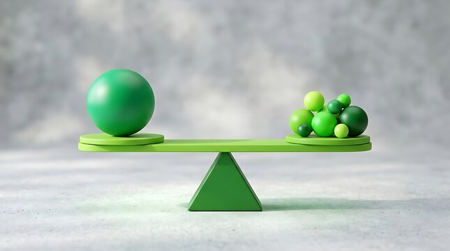 Green seesaw with single large sphere versus multiple small spheres balance scale