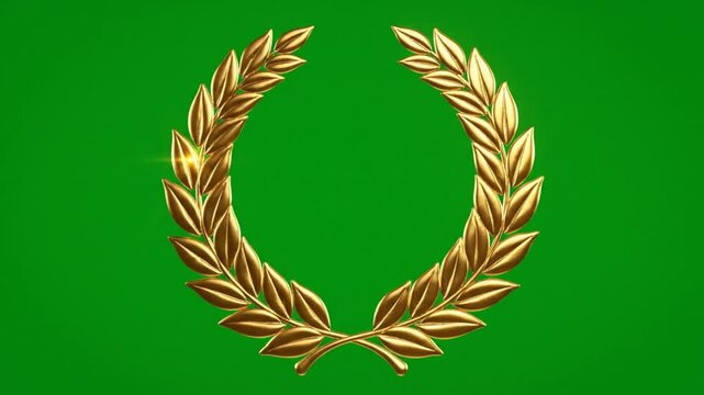 Luxurious gold laurel wreath with light accents centered on a vibrant green background, award celebration concept