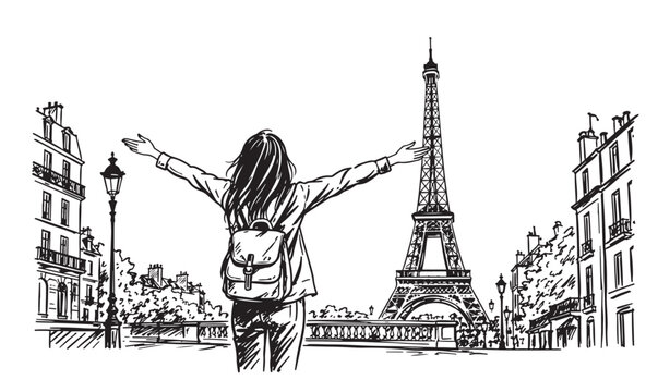 Young Woman on a Journey Through Paris, Celebrating Her Adventure With Outstretched Arms Overlooking the Majestic Eiffel Tower and Charming City Streets