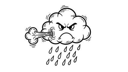 Obraz premium An angry cartoon cloud with a furious face, blowing wind and raining heavily, symbolizing a stormy and unpleasant weather condition.