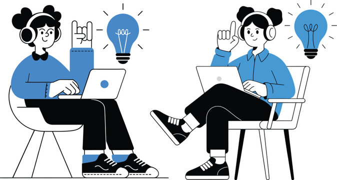 Two students working on laptops and brainstorming ideas with lightbulbs above their heads online learning remote work students learning education teamwork