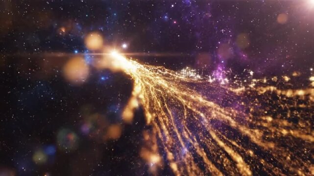Abstract golden stream of particles bursting forth from a bright cosmic light source amidst a starry galaxy