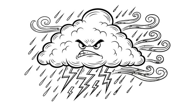 An angry, stormy cloud with lightning, heavy rain, and strong winds depicted in a black and white illustration.