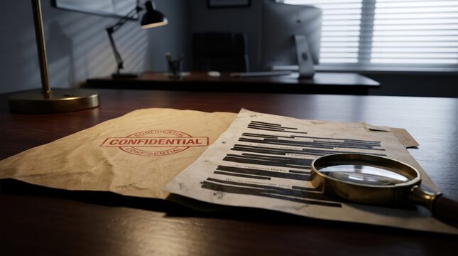 Close-up of anonymous leaked report document with black marker redactions, magnifying glass and confidential folder in a dark modern office investigative environment