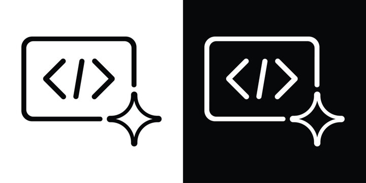 Coding syntax brackets icon enclosed in a frame with a sparkle star, symbolizing clean code, smart programming, or AI code generation.
