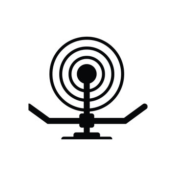 Black satellite dish antenna on white background, black white background