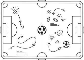 Soccer strategy board with balls, arrows and tactics, vector design and field, sports and tactical and game in outline style © Nur