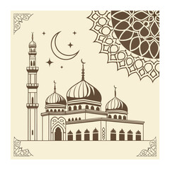 Fototapeta premium Islamic mosque silhouette with crescent moon and ornamental mandala pattern crescent religion