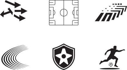 Sport related vector graphics including arrows, soccer field, abstract shapes, and player and graphic elements, star emblem, and icons set © Nur