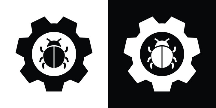 Bug fixing and system optimization icon showing a beetle insect inside a gear wheel, representing software debugging and maintenance.