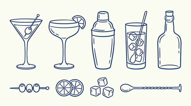 Set of cocktail bar equipment and drinks, martini glass, shaker, bottle, ice cubes, lemon slices and bar spoon, vector illustration