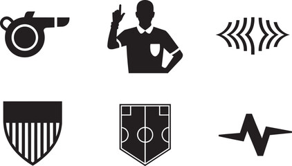 Sports icons set whistle, referee with finger up, shield, soccer field, heartbeat line and equipment in outline style © Nur