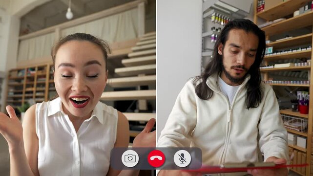 Two students connect through an online call. One shows excitement and happiness, while the other displays disbelief and confusion during their discussion.