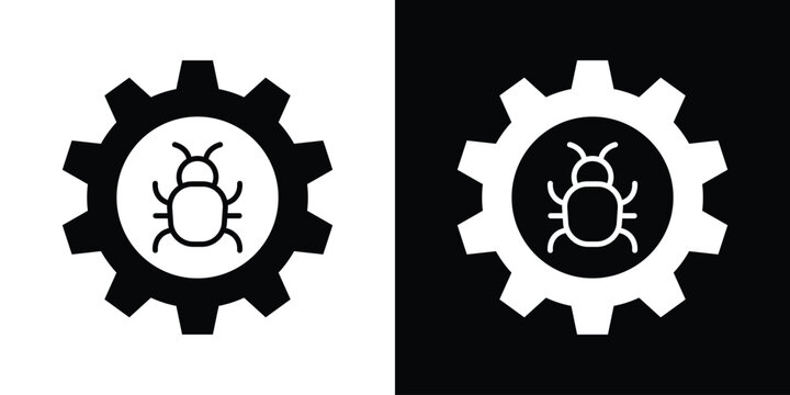 Bug fixing and system optimization icon showing a beetle insect inside a gear wheel, representing software debugging and maintenance.