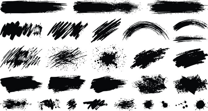 Diverse collection of black brush stroke textures for graphic design and artistic projects