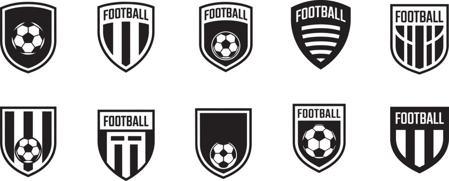 Football crest emblems with soccer balls and stripes, sports badge vector icons and emblem, ball, and icon and black and white in outline style