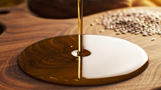 Close-up shot of pouring golden flaxseed oil onto wooden surface with seeds in the background