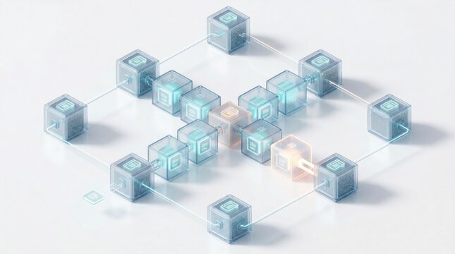 Futuristic blockchain data network with glowing digital blocks connected on white background