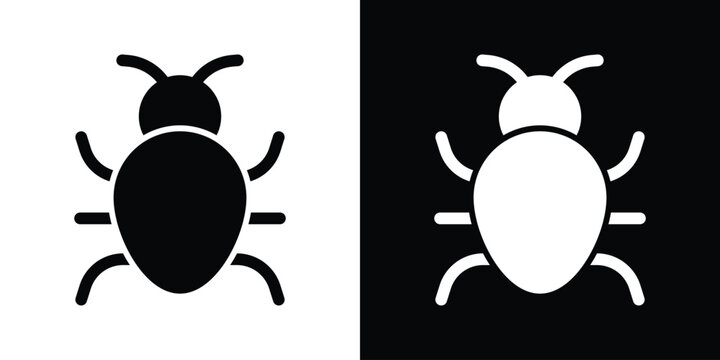 Beetle bug insect icon in black and white solid shapes, commonly used to represent computer viruses, malware, software glitches, or tracking.