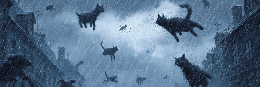 Raining cats and dogs - rainstorm with cats and dogs falling from the cloudy sky