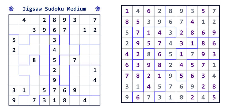Jigsaw sudoku puzzle medium difficulty with numbers and grid layout  