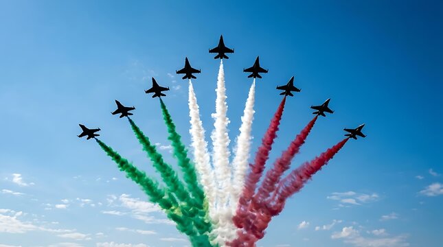 Nine Fighter Jets in Fan Formation with Italian Flag Smoke Trails