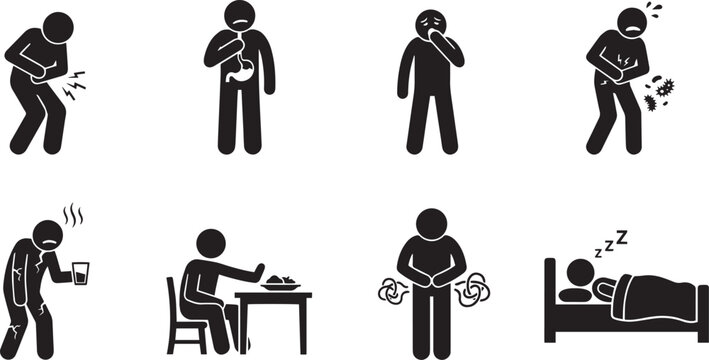 Food poisoning and stomach ache stickman icons set