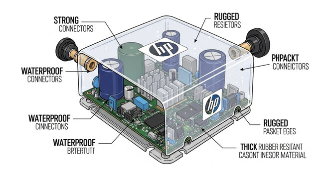 Transparent view of a rugged waterproof electronic device circuit board.