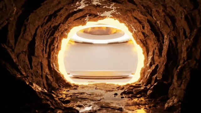 Futuristic portal within a rocky cave, glowing with a bright light, leading to an unknown space age interior with a circular stage.