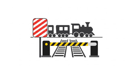 Train crossing railroad barrier with signal. © edd