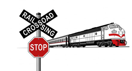 Train crossing sign with locomotive passing by. © edd