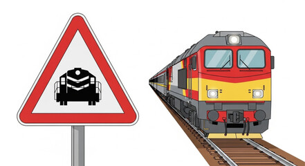 Train crossing warning sign and locomotive on tracks. © edd