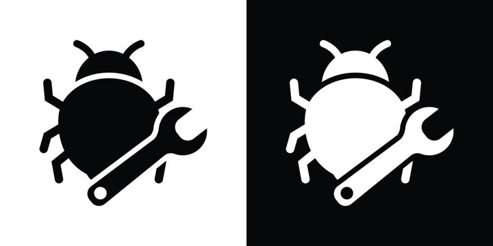 Software debugging icon displaying a beetle insect bug combined with a mechanical spanner wrench, symbolizing code repair and patch fixes.