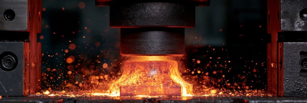 Medium shot capturing the tulipshaped valve head formation as glowing metal billets are compressed in a heavy industrial press with sparks flying.