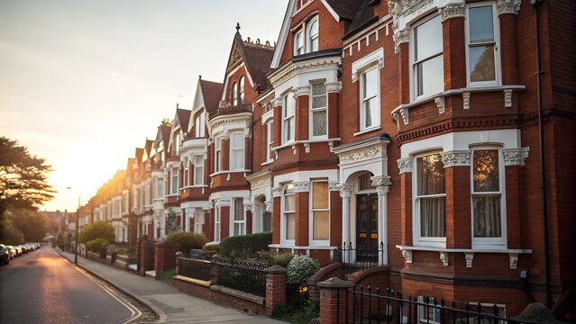 Row of traditional british victorian houses at sunset
