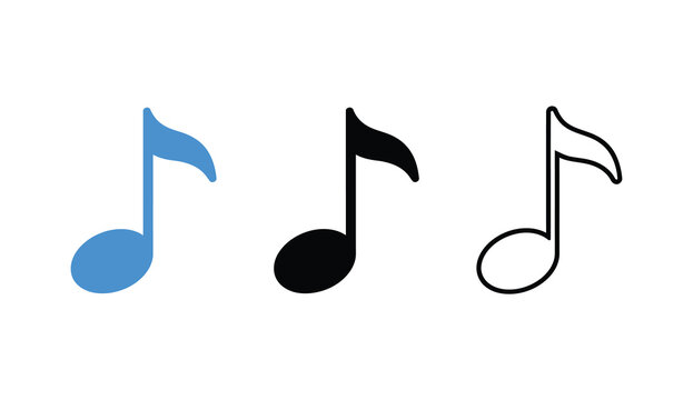 Three eighth note music symbols in blue black and outline Vector, illustration