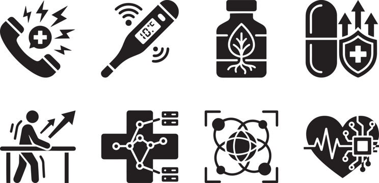 Medical Technology and Smart Healthcare Vector Icon Set with Digital Thermometer