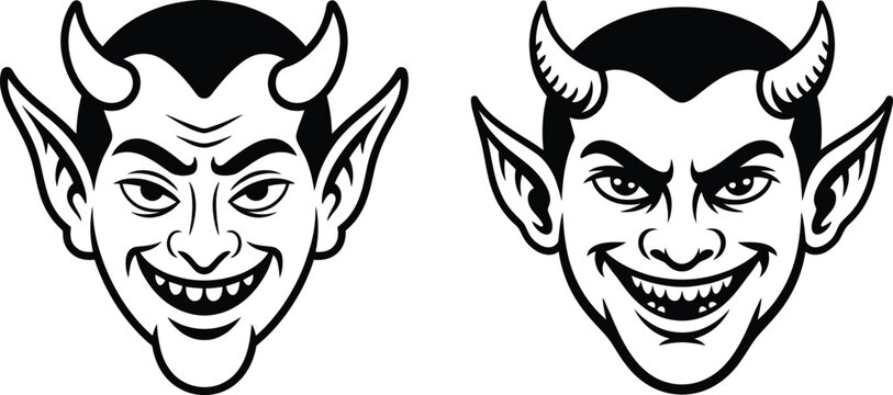 Two mischievous devil faces with horns and fangs black and white cartoon style mischievous illustration character halloween stylized creature
