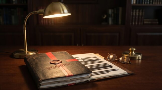 Ultra realistic compliance and security concept showing confidential dossiers, redacted documents and organized classified files under dramatic desk lighting
