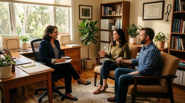 Therapist Consulting With Couple, Discussing Relationship Problems, Mental Support Needed