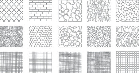 Set of fifteen hand drawn architectural hatch patterns for interior design and landscape drafting including stone brick mesh and wave textures for professional cad software © HexaFrame