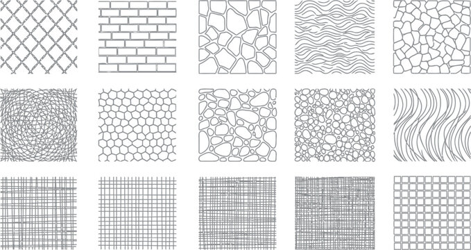 Set of fifteen hand drawn architectural hatch patterns for interior design and landscape drafting including stone brick mesh and wave textures for professional cad software