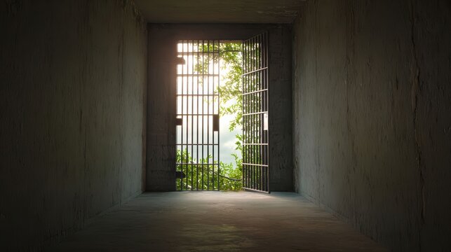 Open Prison Cell Door with Sunlight and Nature &ndash; Freedom, Hope and Escape Concept
