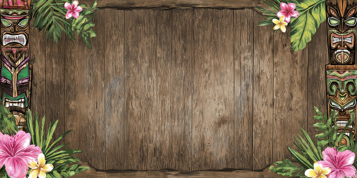 A  tiki theme blank sign for a custom message title or design element; a dark beachyrustic wooden texture, allows for custom type, sketch drawing border of tropical leaves, flowers and wood masks