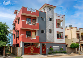 Fototapeta premium Colorful modern residential apartment building with balconies and garage urban architecture