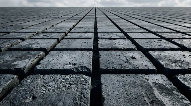 A vast perspective view of interlocking gray concrete paving stones leading towards a distant horizon under an overcast sky