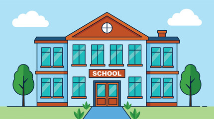 Obraz premium Flat vector illustration of a two story school building facade with blue walls orange roof green trees and white clouds on blue sky background