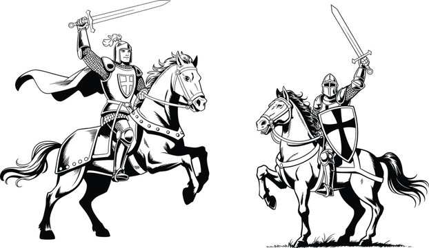 Knights templar on horses with swords raised crusader equestrian medieval religion christian chivalry illustration military
